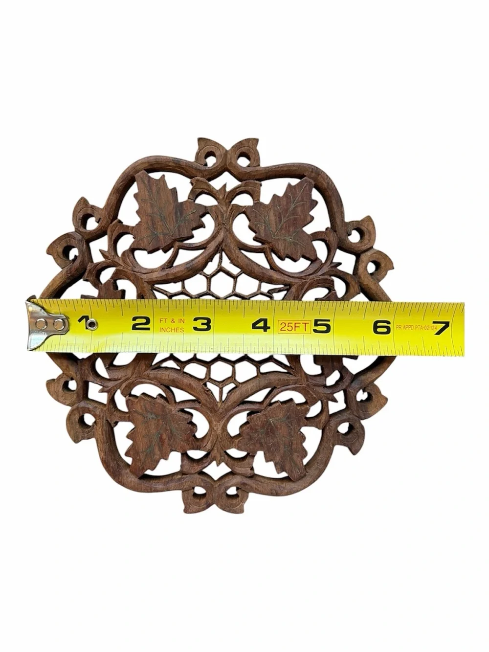 Hand carved inlaid wood trivet with feet #284 Sarna India Honeycomb and leaves